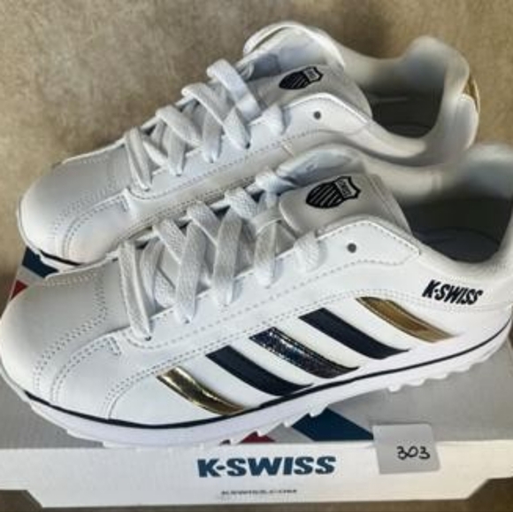 K-Swiss White Sneakers with Gold and Black Accents - Picture 1 of 3